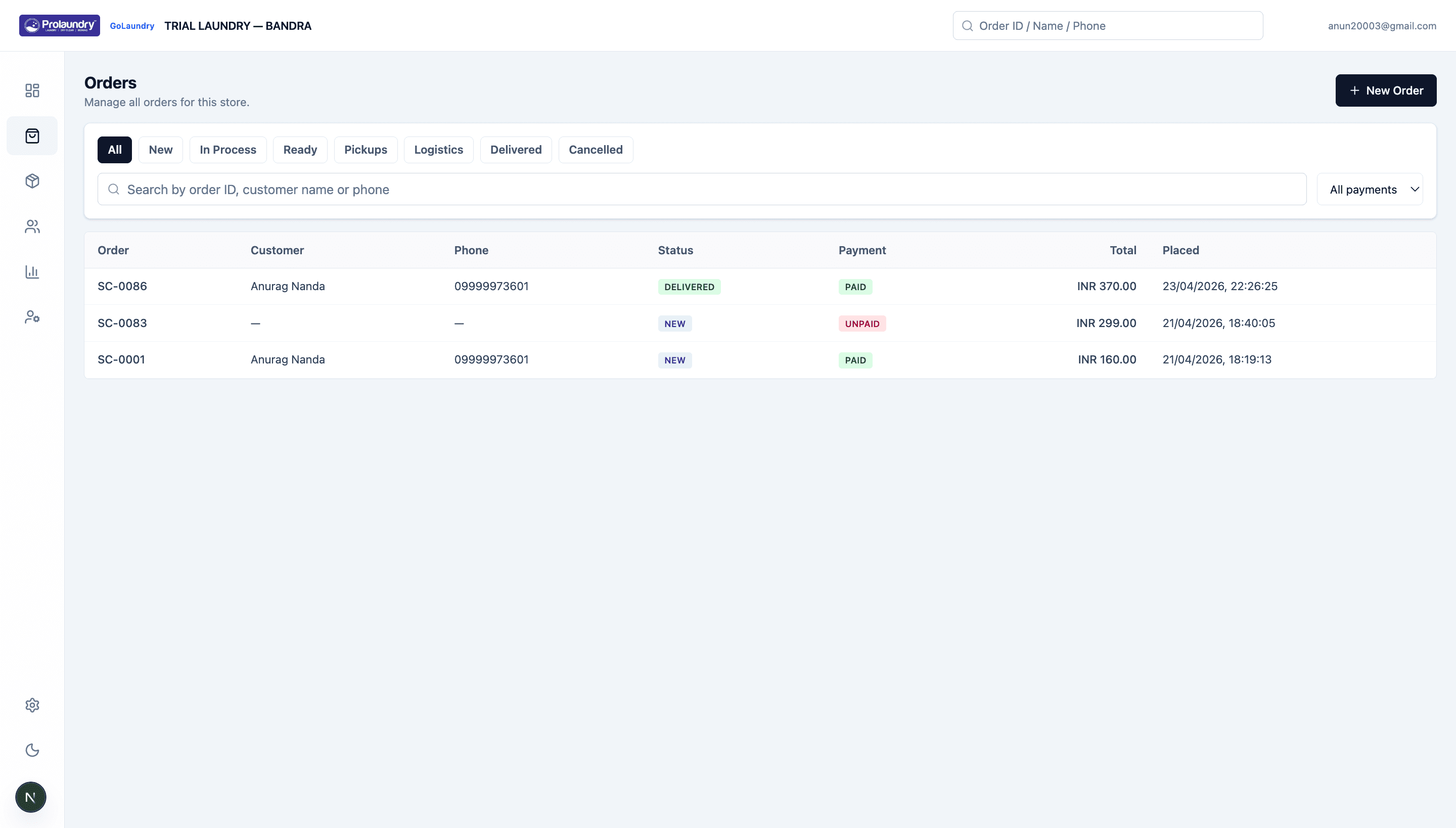 GoLaundry orders workspace